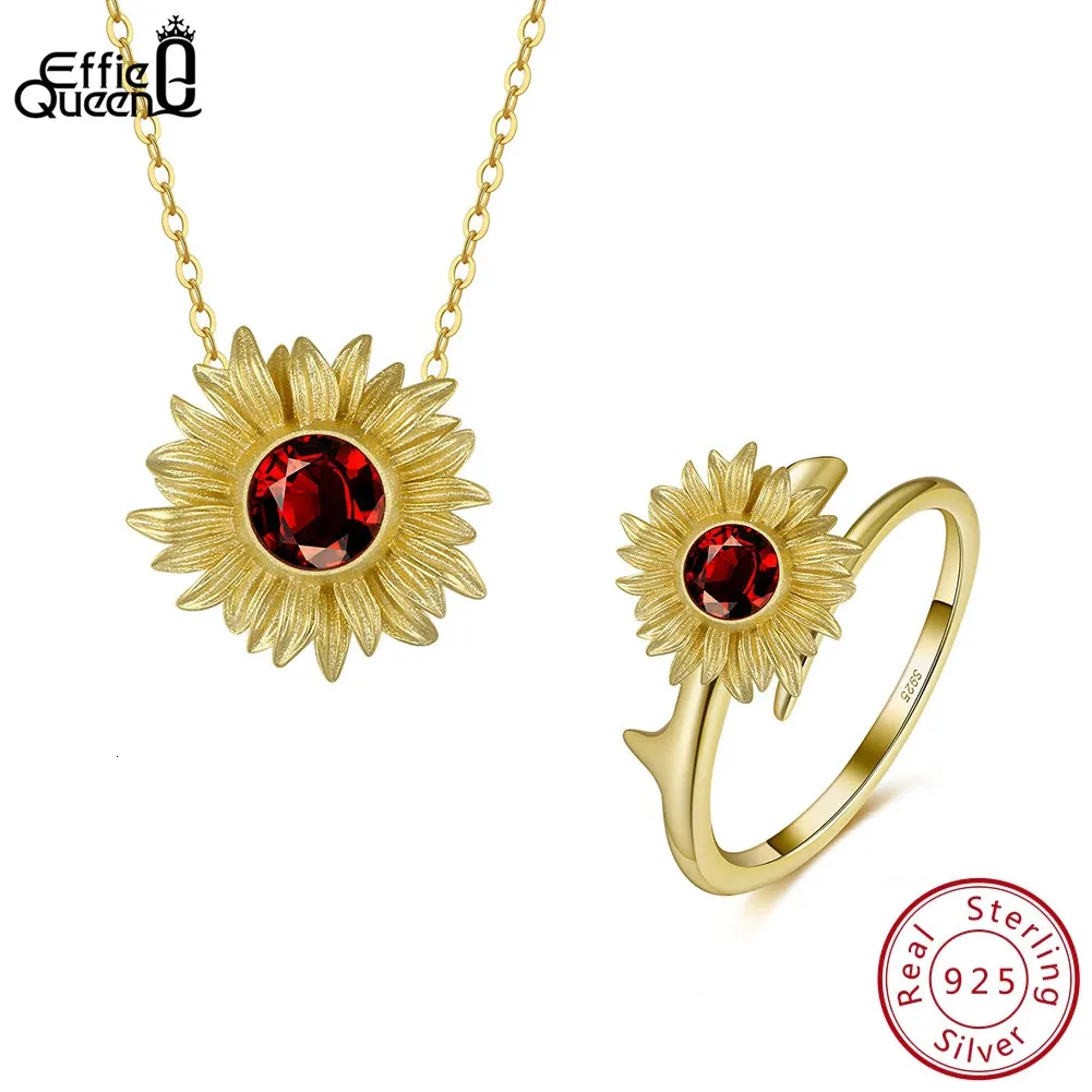 Düğün Mücevher Setleri Effie Queen Muhteşem Doğal Kırmızı Garnet Ayçiçeği Ringnecklace Set 14K Gold Over 925 STERLING Gümüş SSGM12 231101