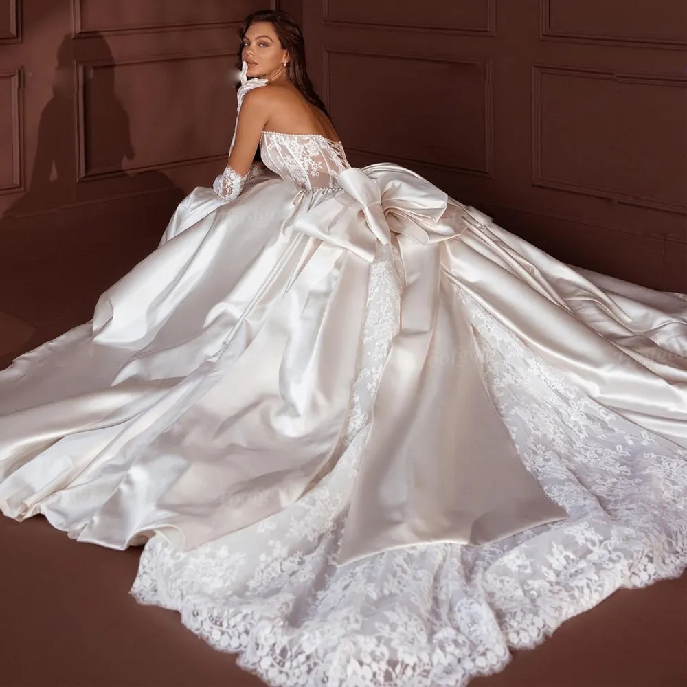 White Satin A-Line Wedding Dress with Long Sleeves Lace-Up Back Pearls Bow  Bridal Gown from Dhgate A-Line Wedding Dresses - price 167.24
