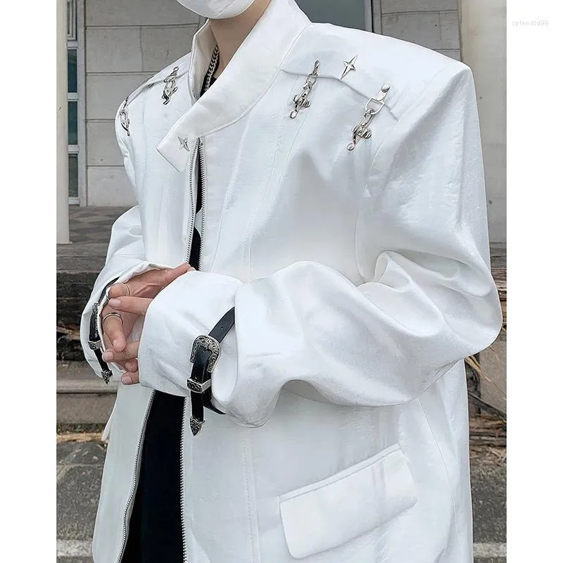 Men's Jackets Fashion Y2K Gothic Men Jacket With Buckle Sleeve Belt Black White Outerwear Spring Autumn Male Clothes