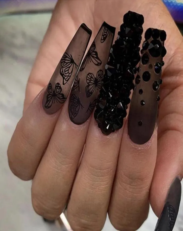 False Nails 24Pcs Phantom Dark Butterfly Fake Long T Black Scrub Wearable Nail Patch Rhinestone Coffin Ballerina NailsFalse4525920