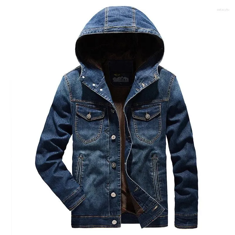 Männer Jacken Herbst Jacke Männer Military Jeans Mit Kapuze Einreiher Denim Mantel Windjacke Baumwolle Chaquetas Hombre M-4XL