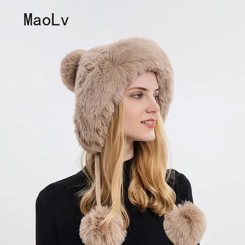 Beanieskull Caps Winter Fluffy Fur Kinted Cap för kvinnor ryska dam mjuka varma öronskydd hattar kvinnliga utomhus plysch kallproof boll beanies 231101