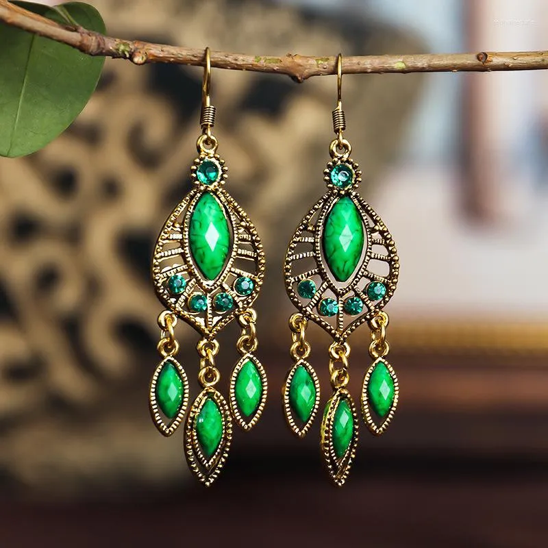 Dangle Earrings Ethnic Hanging For Women Antique Water Drop Jewelry Bohemia Green Stone Long Tassel Jhumka Earings Bijoux