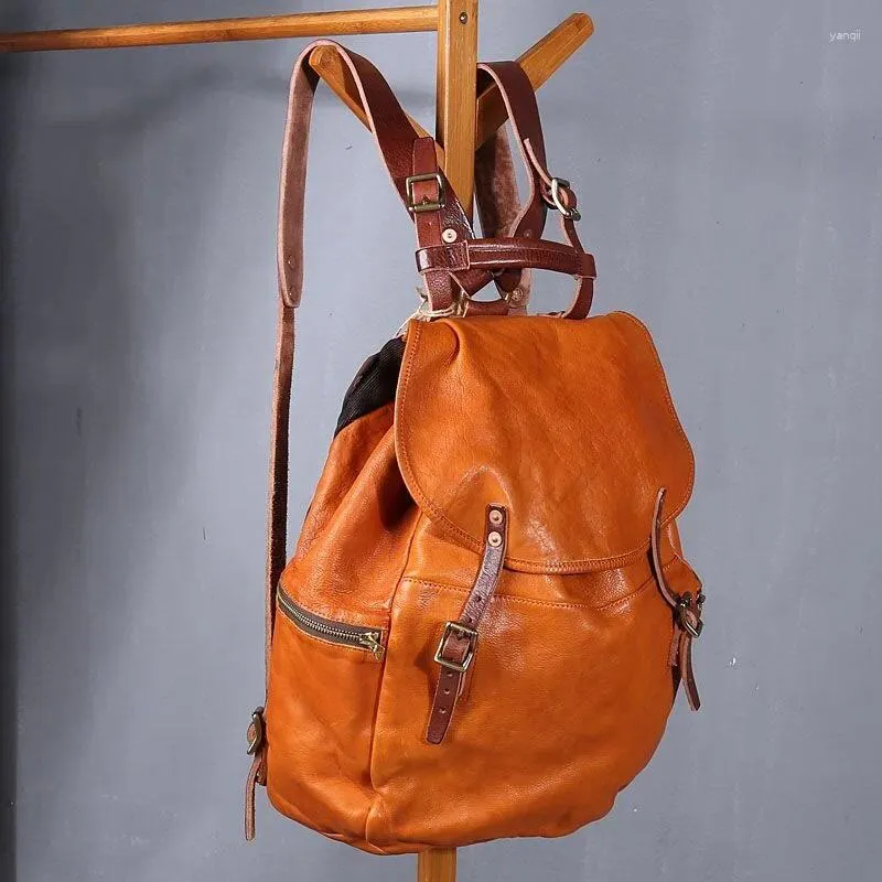 Zaino da viaggio in pelle di vacchetta conciata al vegetale di alta qualità, vintage, pieghevole, unisex, di grande capacità, casual, in pelle, borsa da viaggio