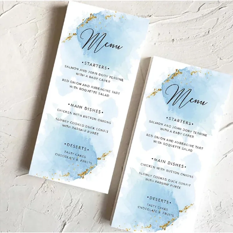 Cartes de voeux 30pcs personnalisé exquise fête table plaque carte banquet programme calendrier liste bleu faveurs de mariage pour les invités personnalisés 231102