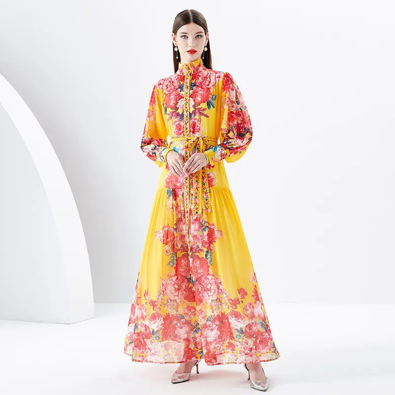 Dames Bloemen Maxi-jurk met Riem Vintage Designer Opstaande Kraag Veters Taille Vakantie Boheemse Jurken 2023 Lente Herfst Runway Lantaarnmouwen Slanke Feestjurken