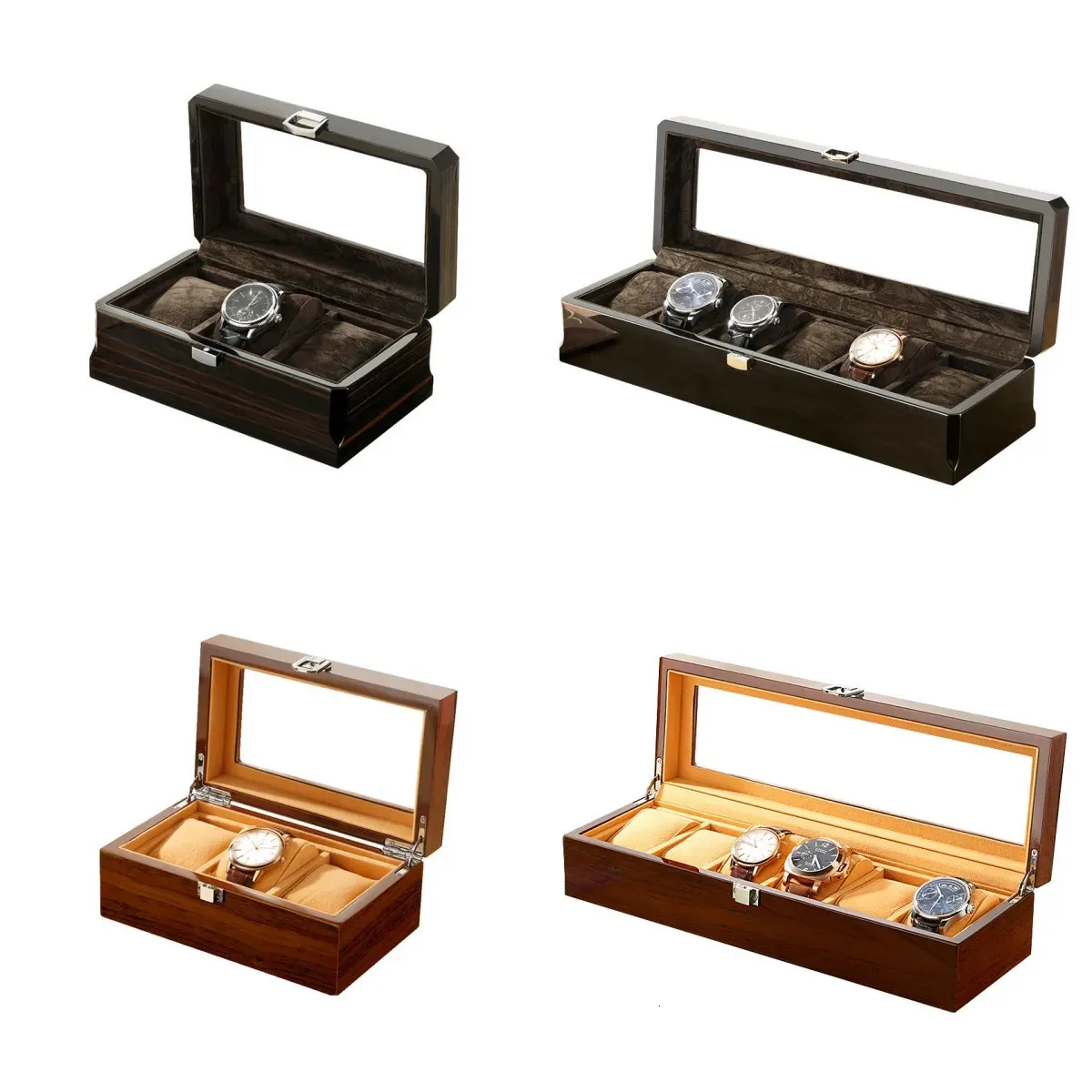 Titta på Boxes Case Embers Black Luxury Wood Grain Box 3 Slots 6 Quartz Mechanical Series Storage 231101