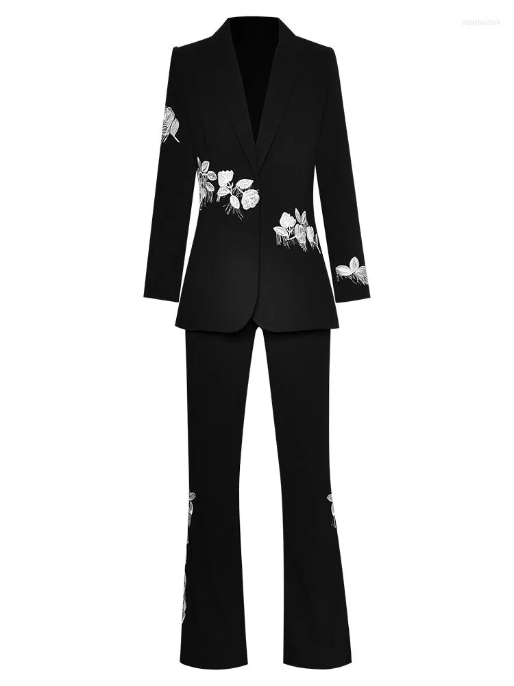 Kvinnors tvåbitar byxor Sweetsince Women's Business Suit Office Look Weartop White Embroidered Black Straight Trousers Spring 2023