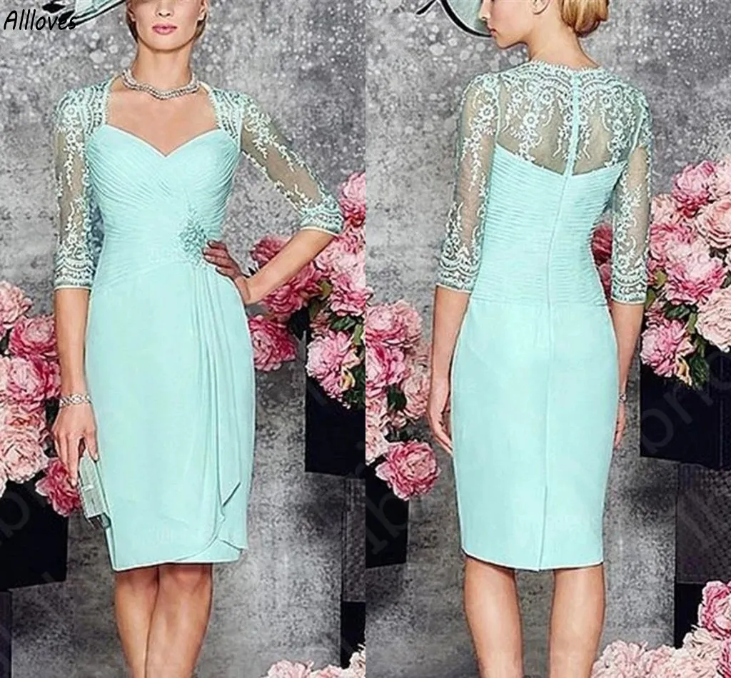 Stylish Chiffon Sheath Mother Of The Bride Dresses Lace Pleats With 3/4 Long Sleeves Women Formal Occasion Party Gowns Knee Length Wedding Guest Prom Dress CL2875