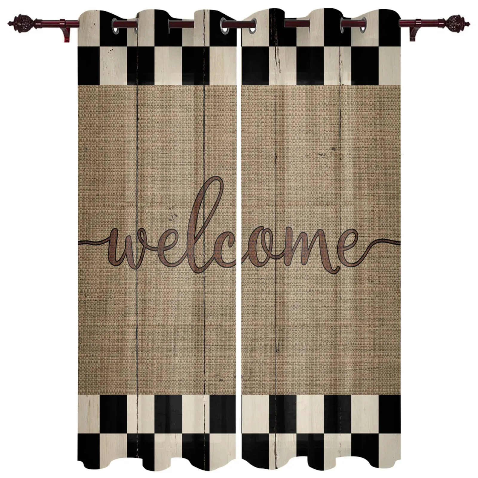 Curtain Lattice Wood Grain Retro Window Curtains Home Decor Living Room Bedroom Kitchen Door Drapes 231101