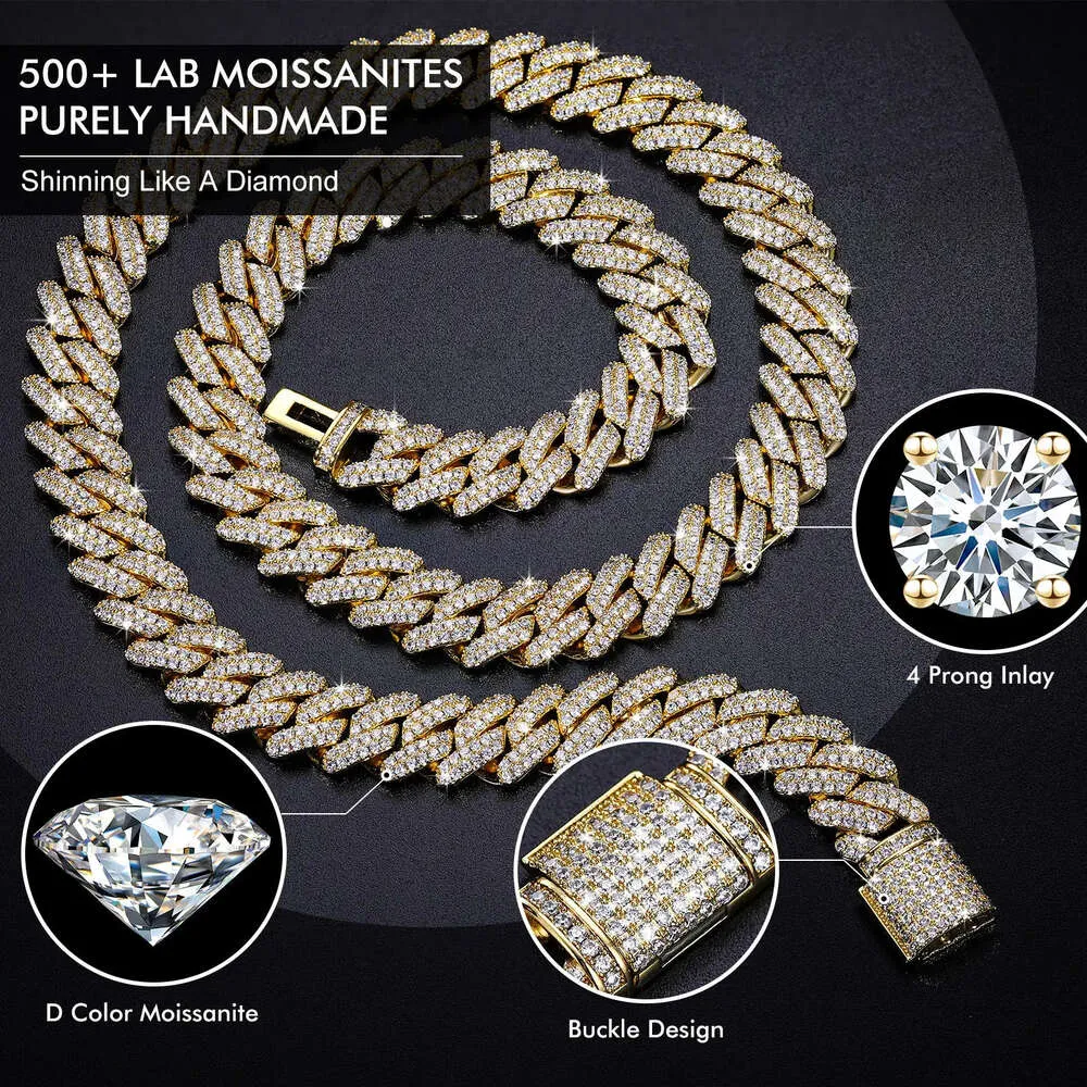 Collar de hombre con cadena de eslabones cubanos de moissanita, chapado en oro de 14mm y 18k, material de cobre fino