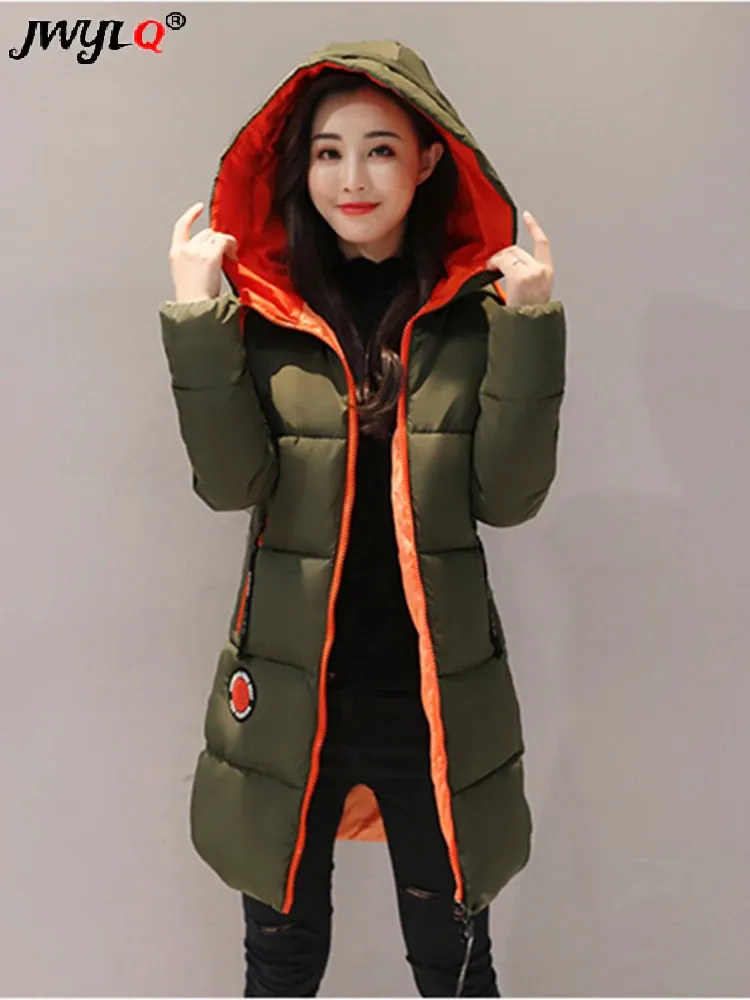 Piumino da donna Parka invernale caldo di media lunghezza frangivento con cappuccio Parka stampa cappotti di cotone moda coreana soprabito casual neve Casaco piumino 231101