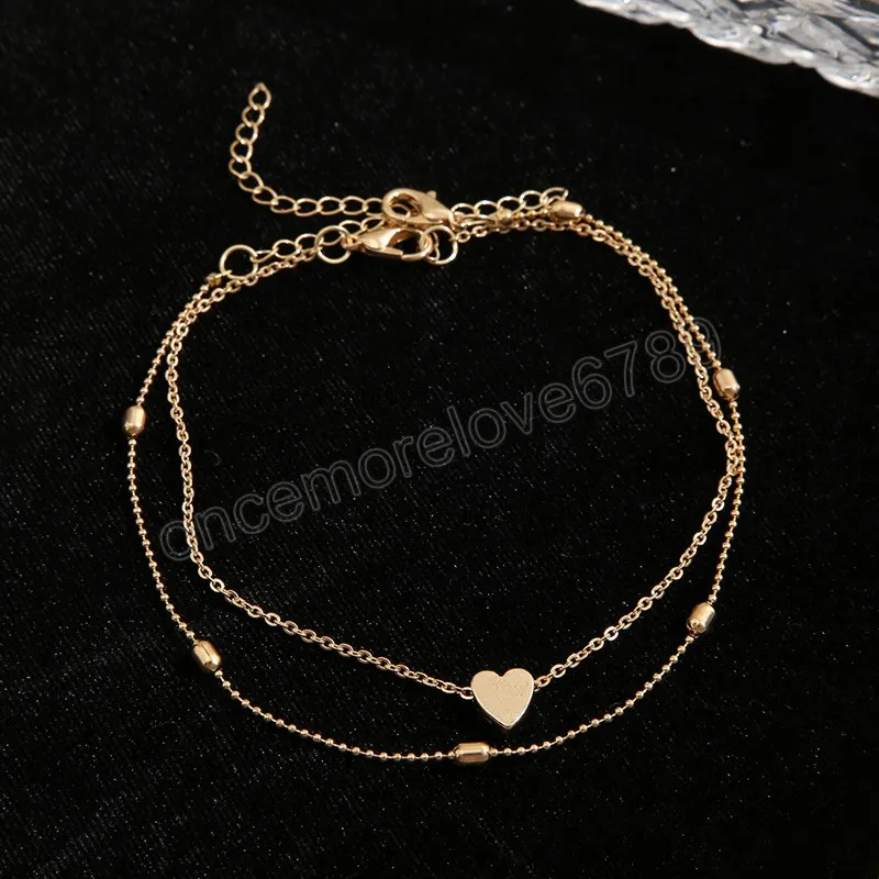 Bracelet de cheville à breloques en forme de cœur Double couche pour femmes, couleur or argent, chaîne de perles, sur le pied, bijoux de plage d'été