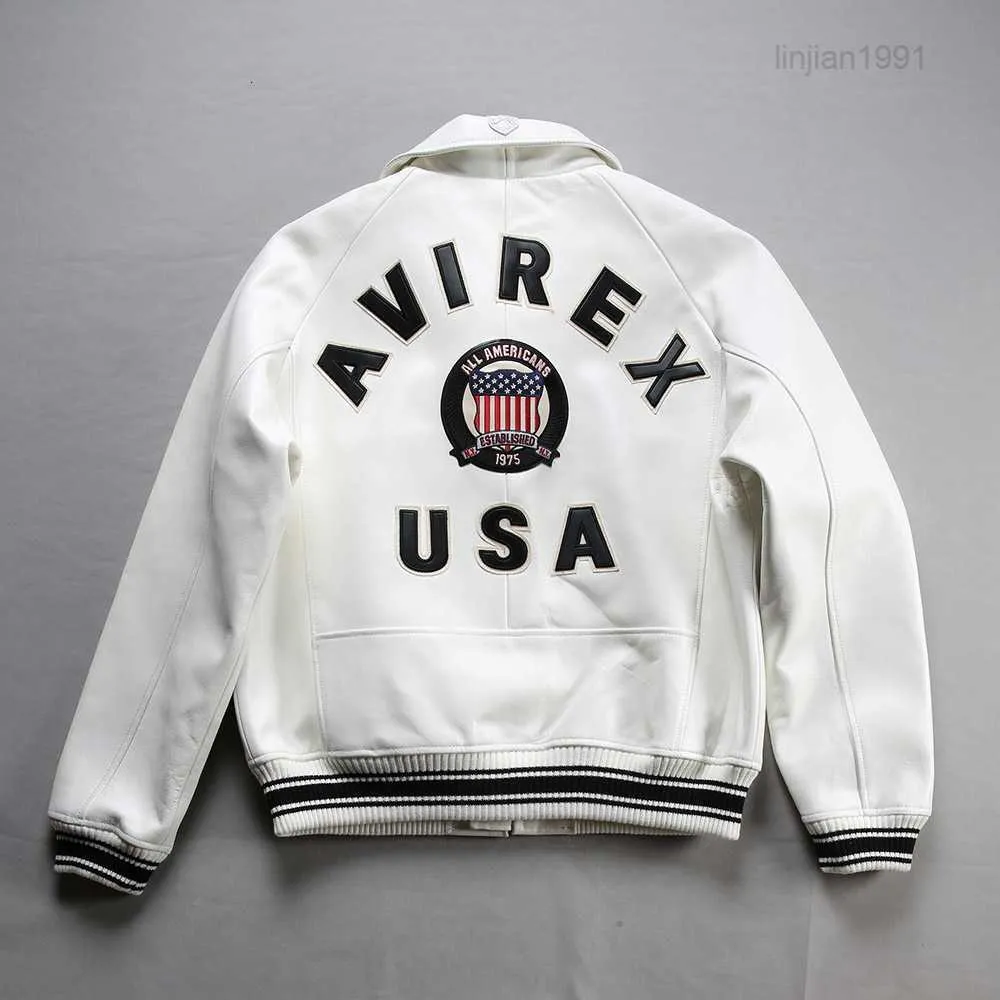 2023Men's Bomber Jackets 1975 Usa White Avirex Lapel Sheepskin Leather Casual Athletic Flight Suit