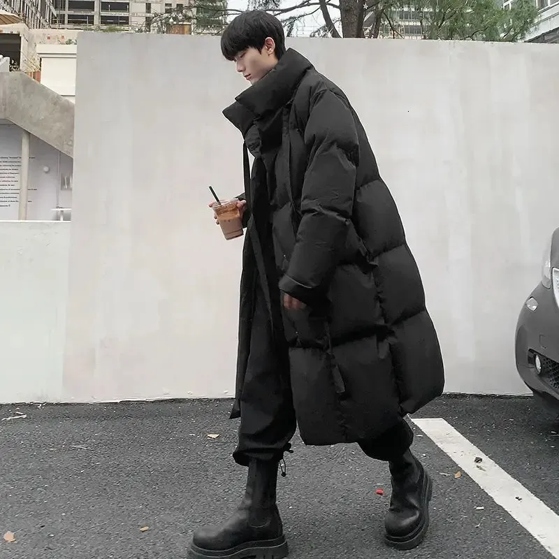 Parka da uomo in piumino Cappotto invernale di media lunghezza Cappotti in cotone Colletto alla coreana Maniche lunghe Nero monopetto sopra il ginocchio 231101