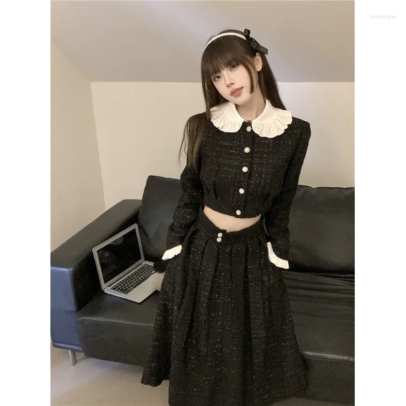 Work Dresses French Vintage Ruffled Short Coat High Waist Thin Long Skirt 2 Piece Women Autumn 2023 Suit Gothic Crop Top Female Clothing