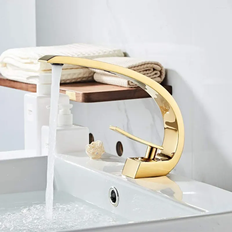 Badezimmer-Waschtischarmaturen IMPEU Glänzend polierter Gold-Wasserhahn Einzigartiges Design Einhand-Einloch-Waschbecken-Mischbatterie Kommerziell