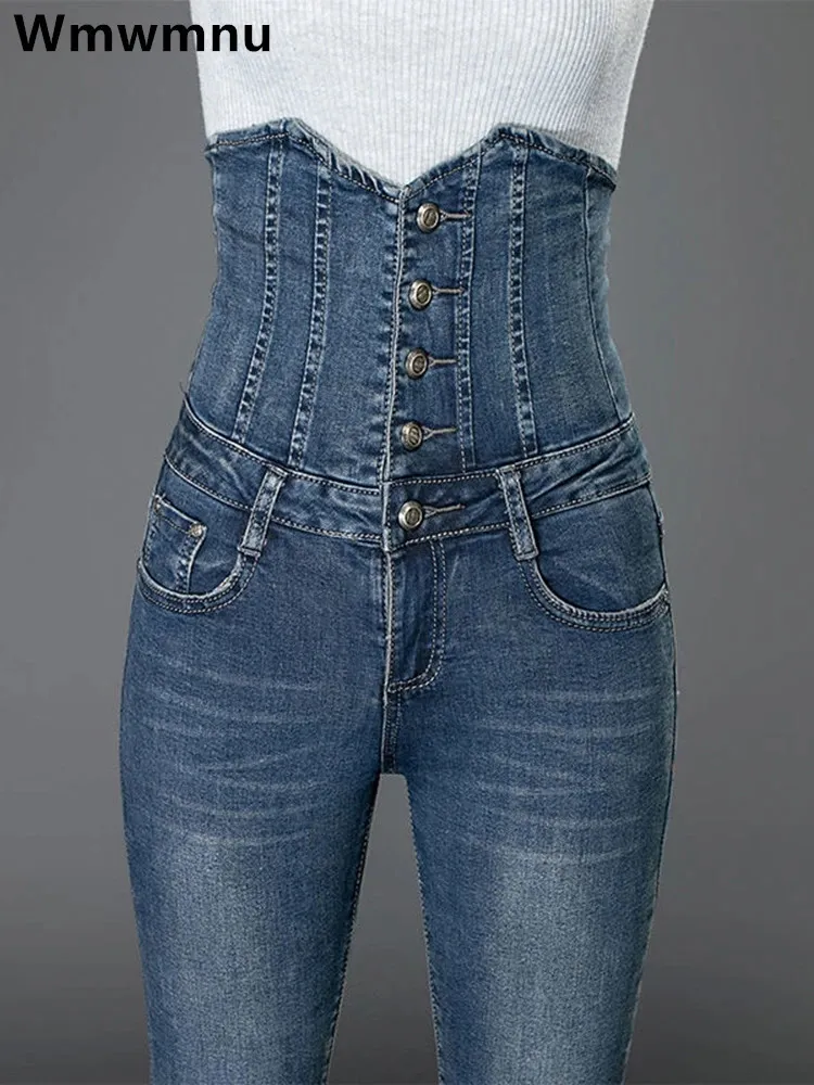 Kvinnors jeans sexiga superhög midja mager blyerts jean streetwear knapp flyga denim byxor koreanska stretch vaqueros stor storlek 36 pantalones 231101