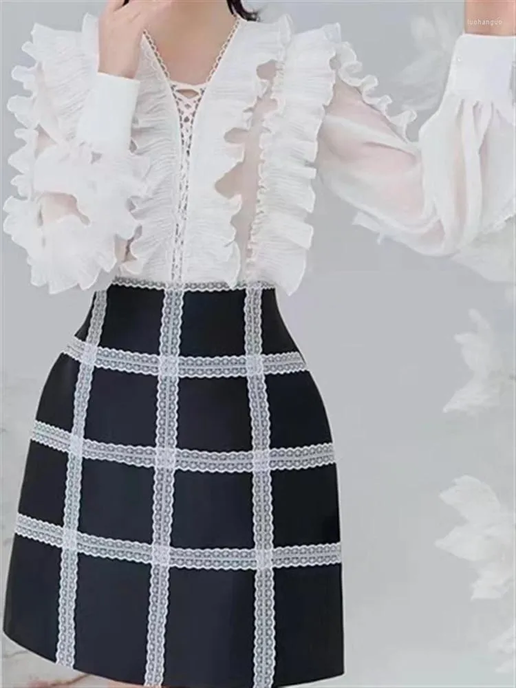 Work Dresses Woman Skirt Set 2023 Fall Winter Two Piece Women Embroidery Lace Solid White Long Sleeve Top Shirt High Waist Plaid