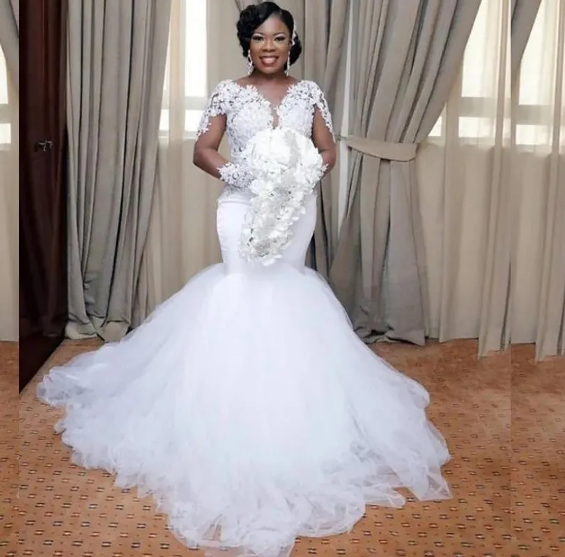 Neue Spitze Meerjungfrau Hochzeit Kleid 2023 Applique Afrikanische Plus Größe Sheer Long Sleeves Tüll Brautkleid Vestidos De Novia