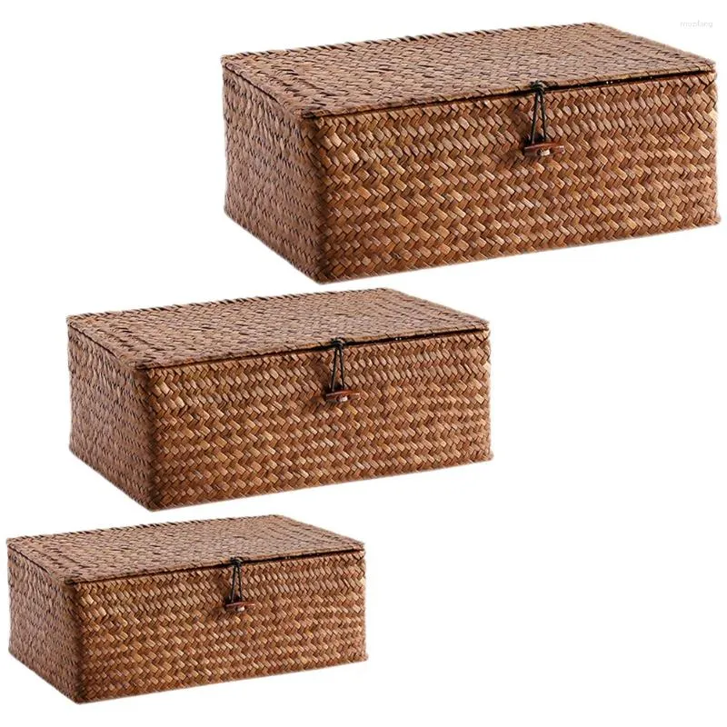 Storage Bags 3 Pcs Rustic Bins Desktop Basket Baskets Lids Woven Organizer Sundry Decorative Seaweed Large Wicker