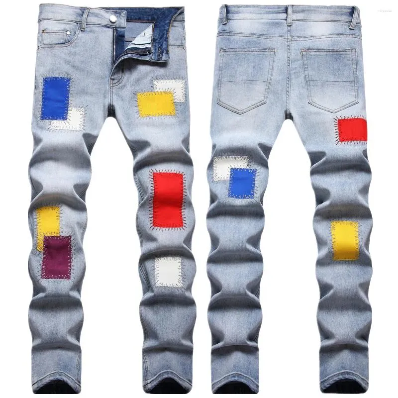 Jeans pour hommes Patchs de couleur brodés Hommes Mode Slim Mid Taille Stretch Skinny Homme Casual Blue Denim Crayon Pantalon Streetwear