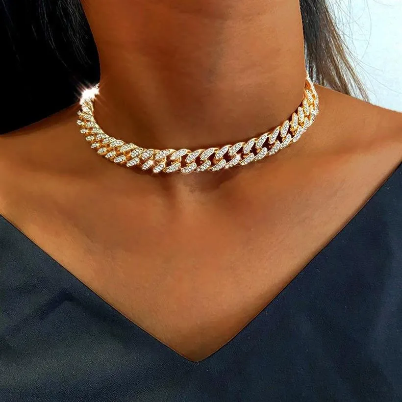 Chaîne à maillons cubains Miami de 12mm, couleur or argent, ras du cou pour femmes, collier en strass cristal glacé, bijoux Hip hop 174U