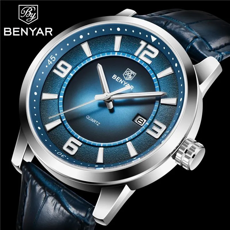 Armbandsur Benyar Auto Date Män Titta på Top Waterproof Military Army Male Clock Sport Business Guidle Leather Wristwatch 5168