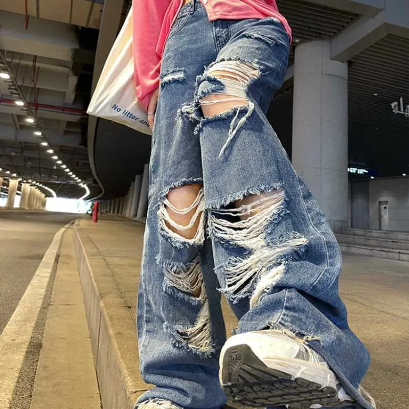 Pantalones Rectos Pantalones Rectos Damas Jeans Rasgados Cintura Alta Pantalones De Piernas Anchas Pantalones Damas Jeans De Verano De 21 67 DHgate