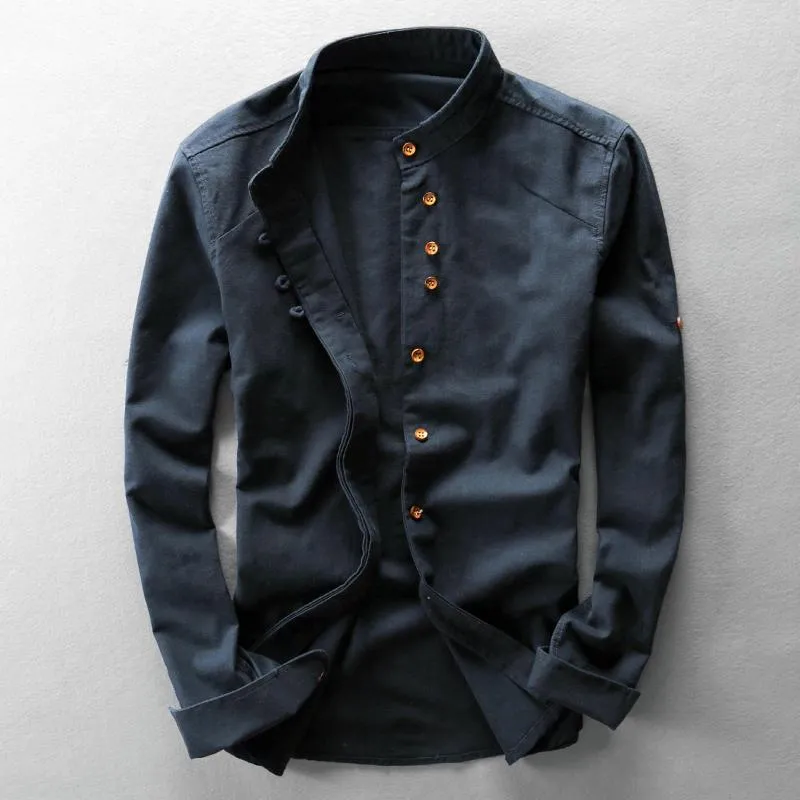 Chemises décontractées pour hommes Automne Col montant Chemise en lin Mâle à manches longues Couleur unie Rétro Slim Coton Style chinois Hommes Robe de mode