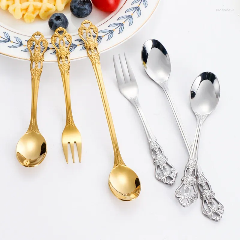 Servis uppsättningar Royal rostfritt stål dessert sked långhandtag omrörande gåva tre tänder gaffel europeisk snidade bordsartiklar litet