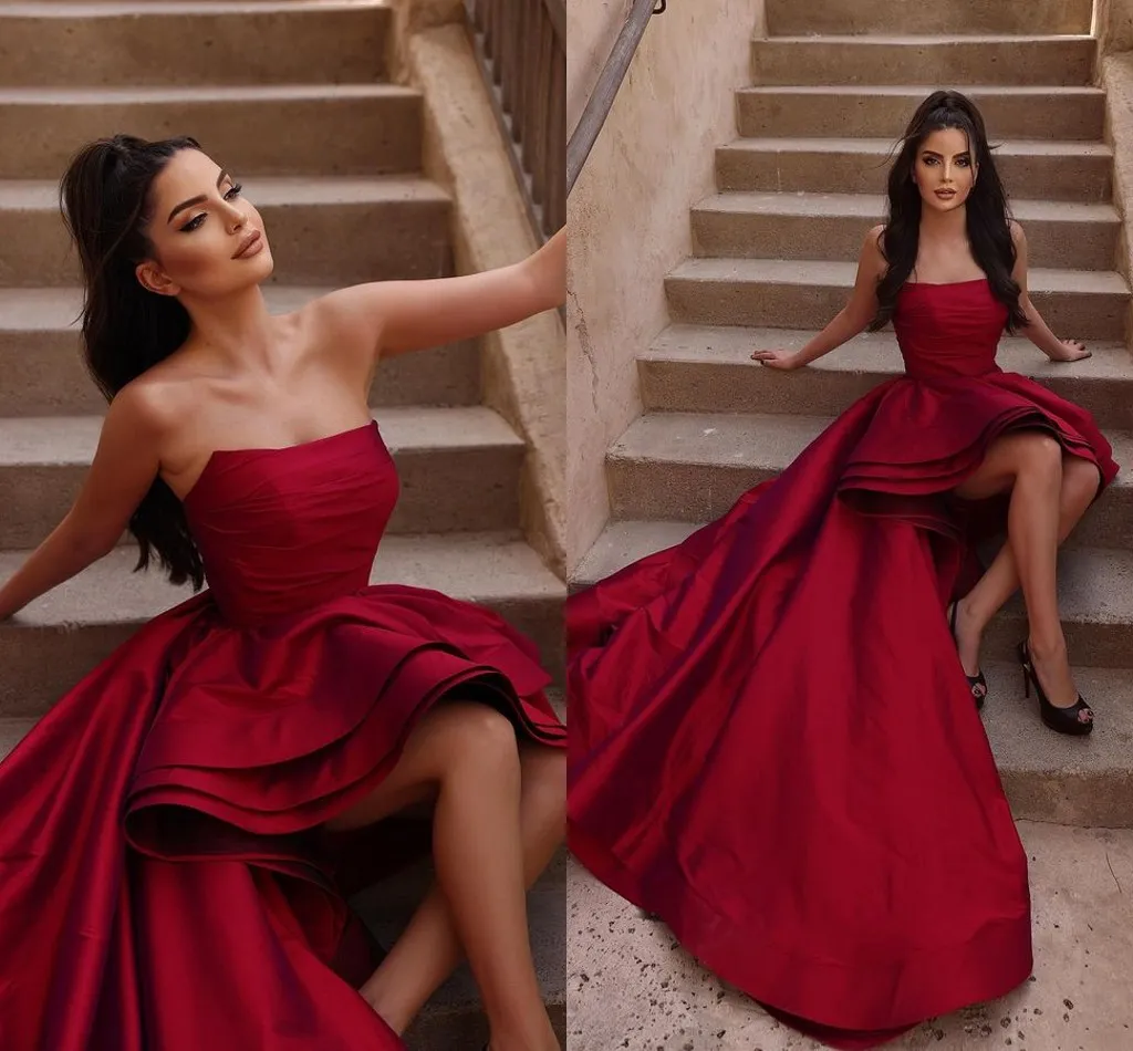 A Elegant Red Line Prom Dresses for Women Strapless Draped Hi-lo Tiered Satin Evening Party Birthday Pageant Gowns Formal Wear Special Ocn Dress