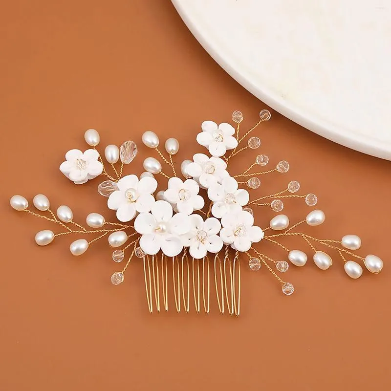 Hair Clips Ceramic Flower Comb Pearl Headpiece Crystal Jewelry Pure White Accessories Wedding Bijoux Rhinestone Headdresses Decor