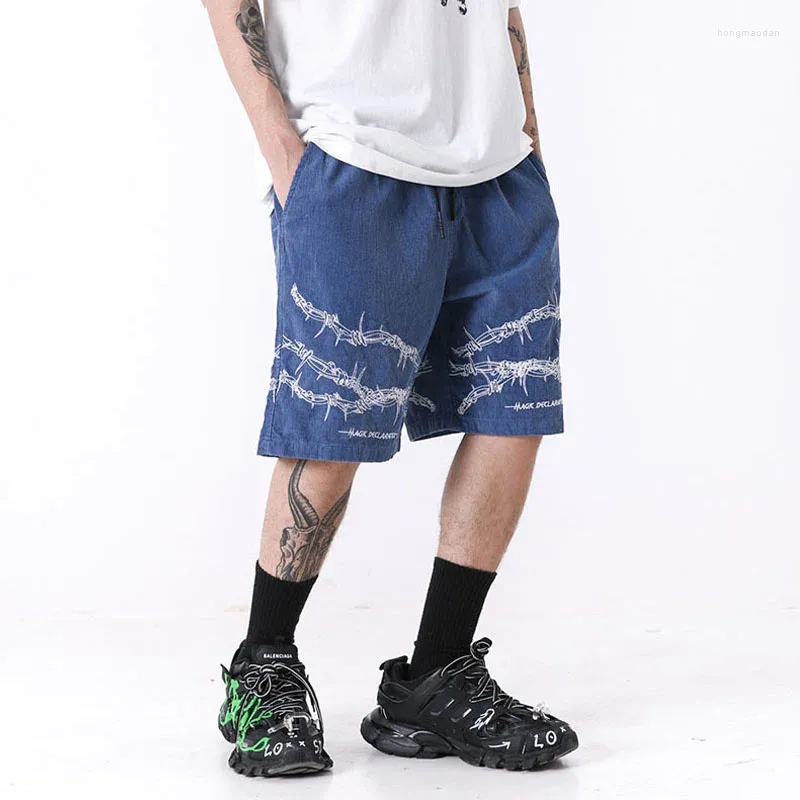 Shorts masculinos Hip Hop Streetwear Corduroy Mens Moda Gótico Impresso Cintura Elástica Casual Masculino Verão Praia Drewstring Calças