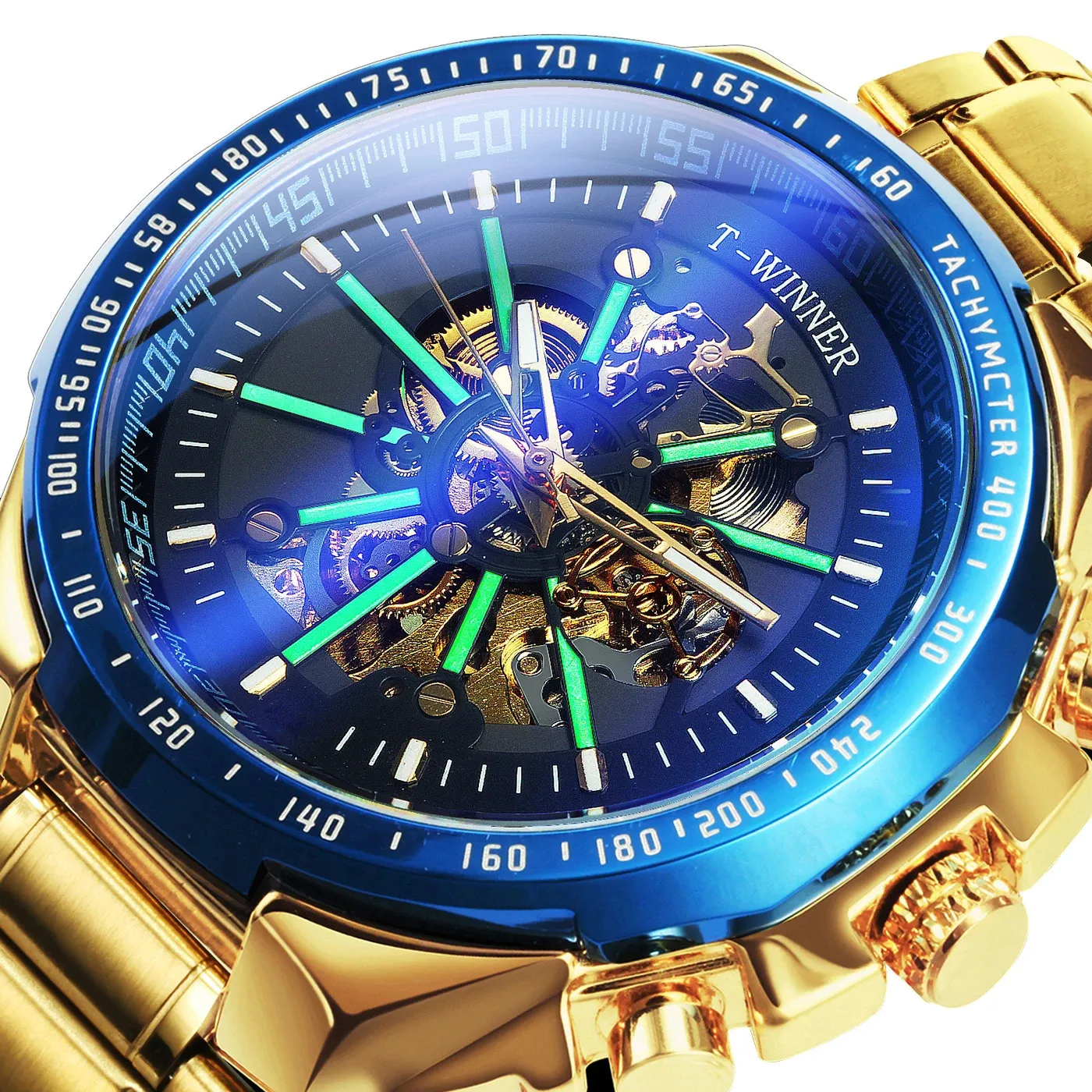 Наручные часы WINNER Официальные автоматические механические золотые часы Мужские большие корпуса Роскошные модные скелетон Светящиеся Военные деловые синие водонепроницаемые 231101