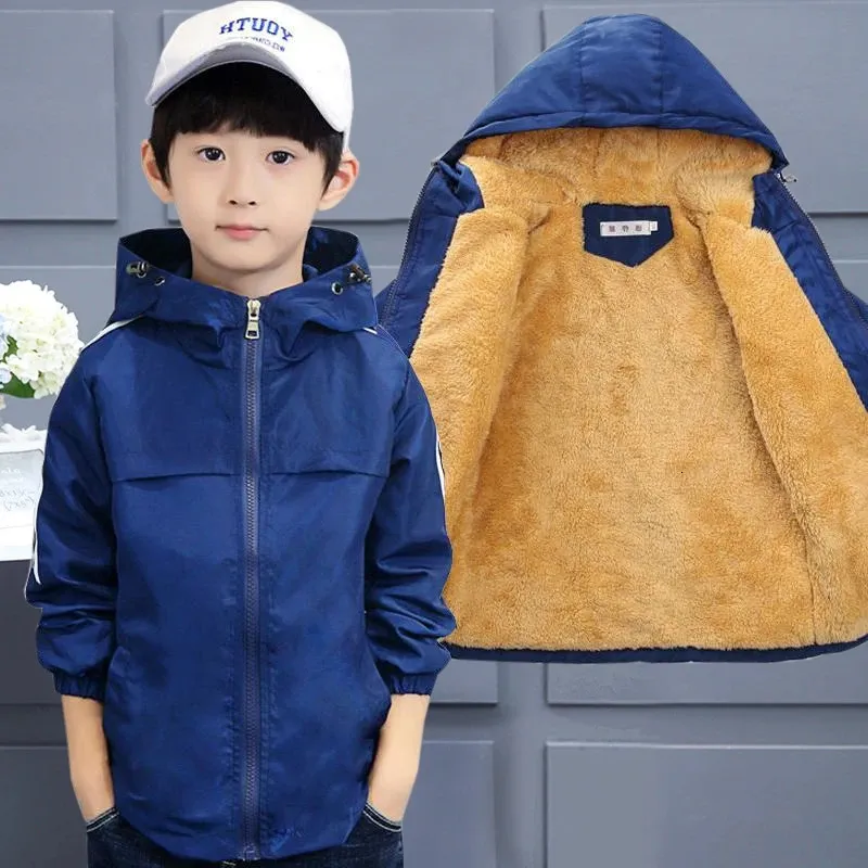 Coat Boys Spring Jacket 215T Childrens Long Sleeve Hoodie Active Windproof Youth Clothing Big Boy Velvet Sports Coat Boys Coat 231102