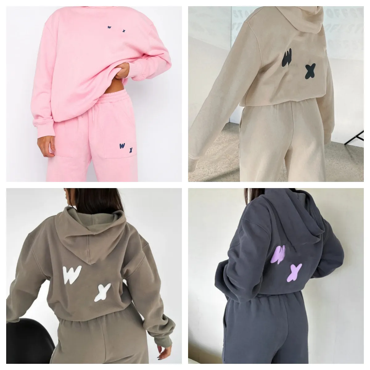 WF-Women Kadın Mektubu Baskı 2 Parça Kıyafet Kowl Boyun Uzun Kollu Sweatshirt ve Pantolon Set Terzini