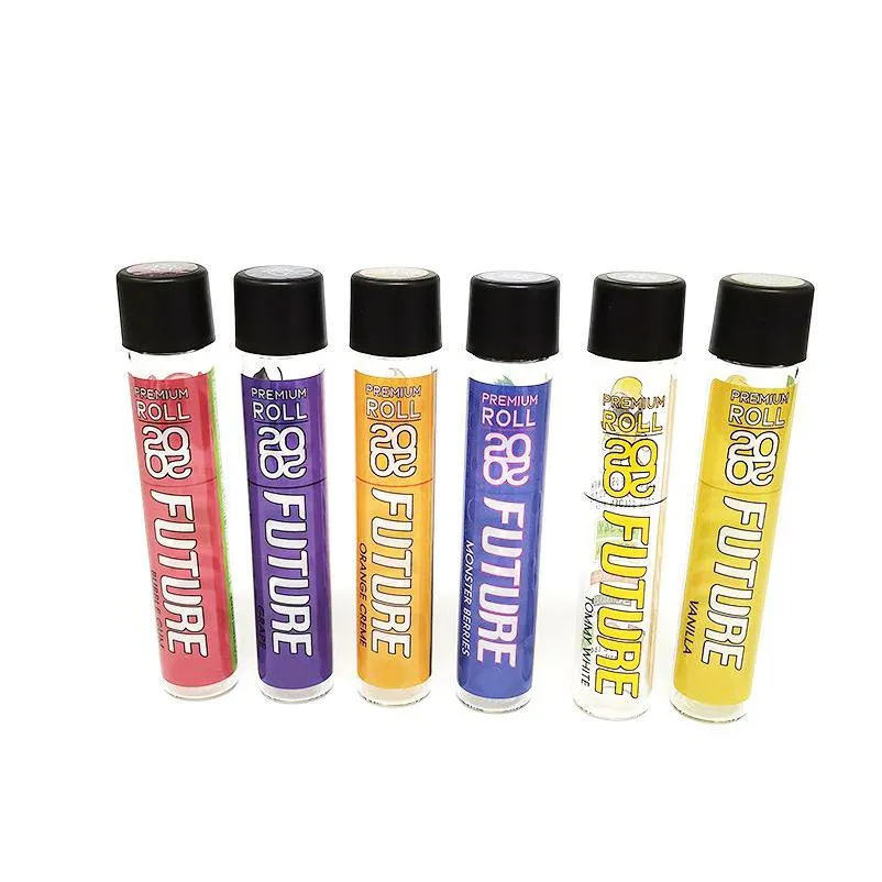 Vente en gros Future Pre Roll Tubes King Size 115mm Bouteille de tube en verre avec bouchon noir blanc à l'épreuve des enfants 6 types d'autocollants transparents pour animaux de compagnie Vanil Dhre8