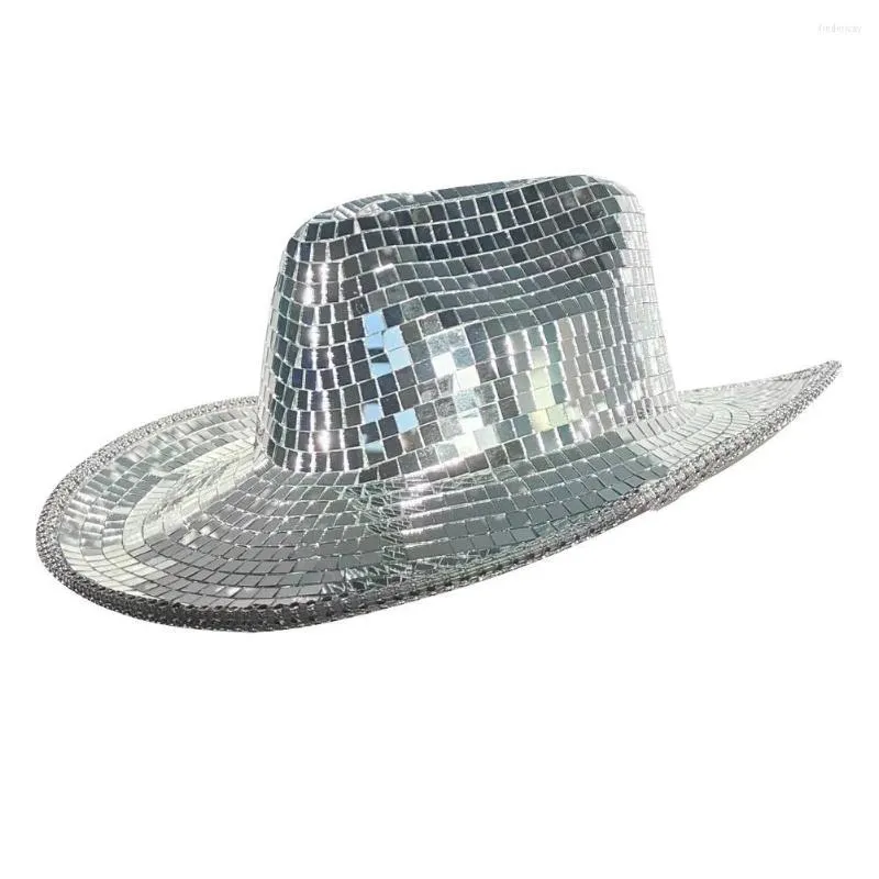 Berets Disco Ball Cowboy Hat Glitter Mirror Sequins Cap With Reflective Mirrored Glass Party Dance