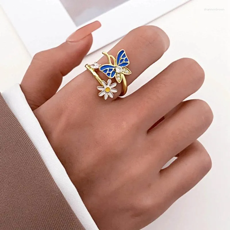 Anelli di nozze Silver Colore Open Open Regolable Blue Butterfly con chiaro fiore da margherita per donna Regalo per feste di compleanno per ragazze adolescenti