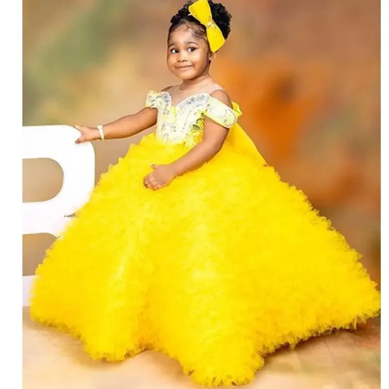 Belle robe de bal jaune robes de fille de fleur col transparent robe de bal enfants anniversaire perlé nœud papillon enfant en bas âge Pageant porte