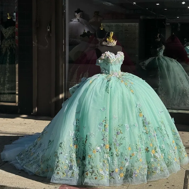 Robe romantique de Quinceanera, vert menthe, chérie, pour 15 fêtes, avec des Appliques de fleurs, robe de fête d'anniversaire