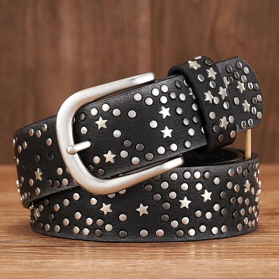 Punk Rock Belt Womens Rivet Wide PU Leather Belt ... From  display picture 3