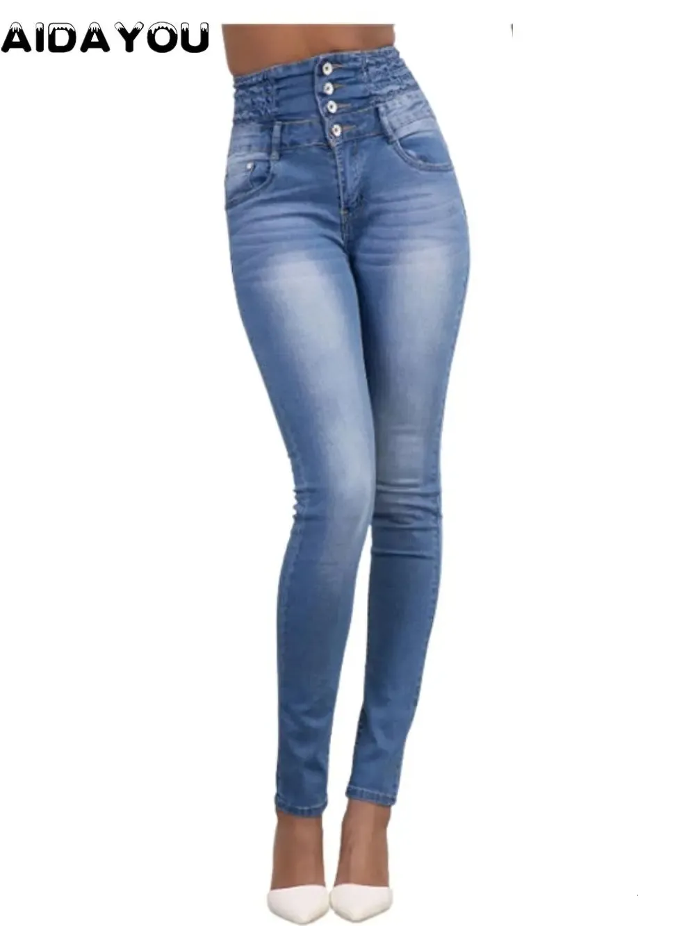 Jean feminino botão voar cintura alta levanta cola bom elástico calças de brim retas vintage feminino estiramento denim 231101