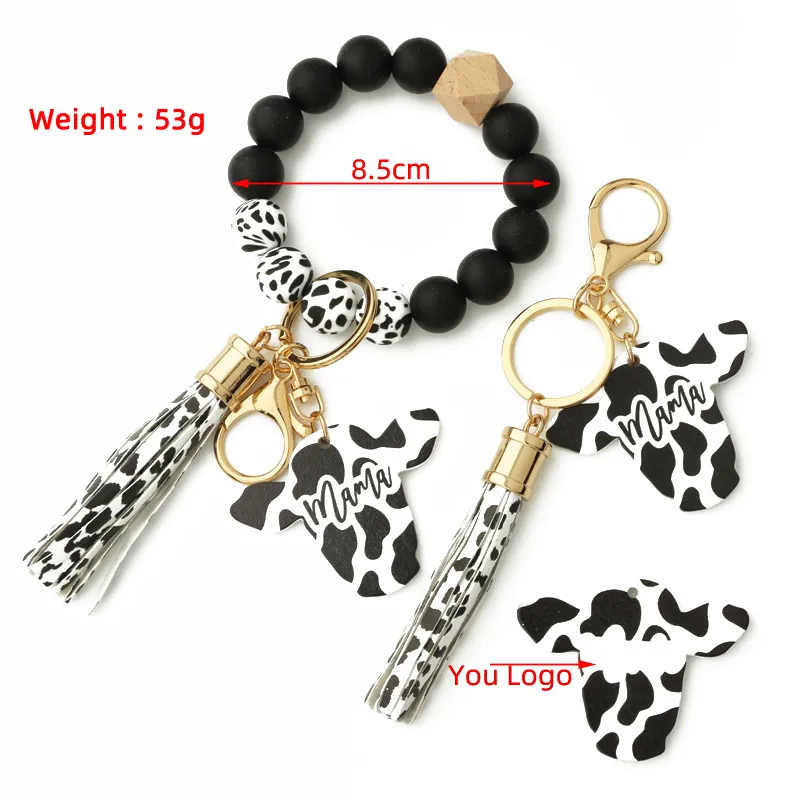 Fashion Silicone Cursive Cow Bead Bracelet Wood Disk Bracelet Keychain Cow Tassel Ox Head Wrist Key Ring Charm Pendant Accessory FY3450 tt0331