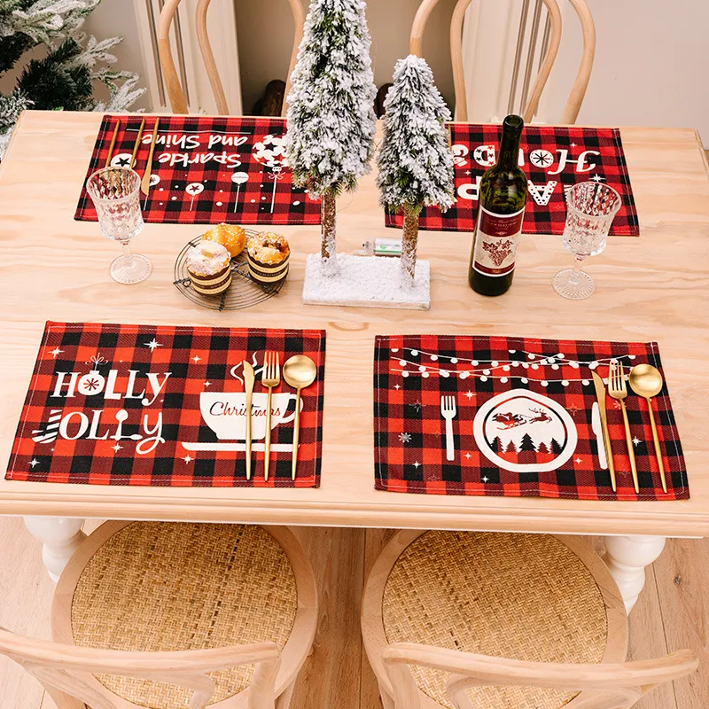 New Christmas decorations plaid printed placemat car table mat Thermal mat tablecloth home dress up