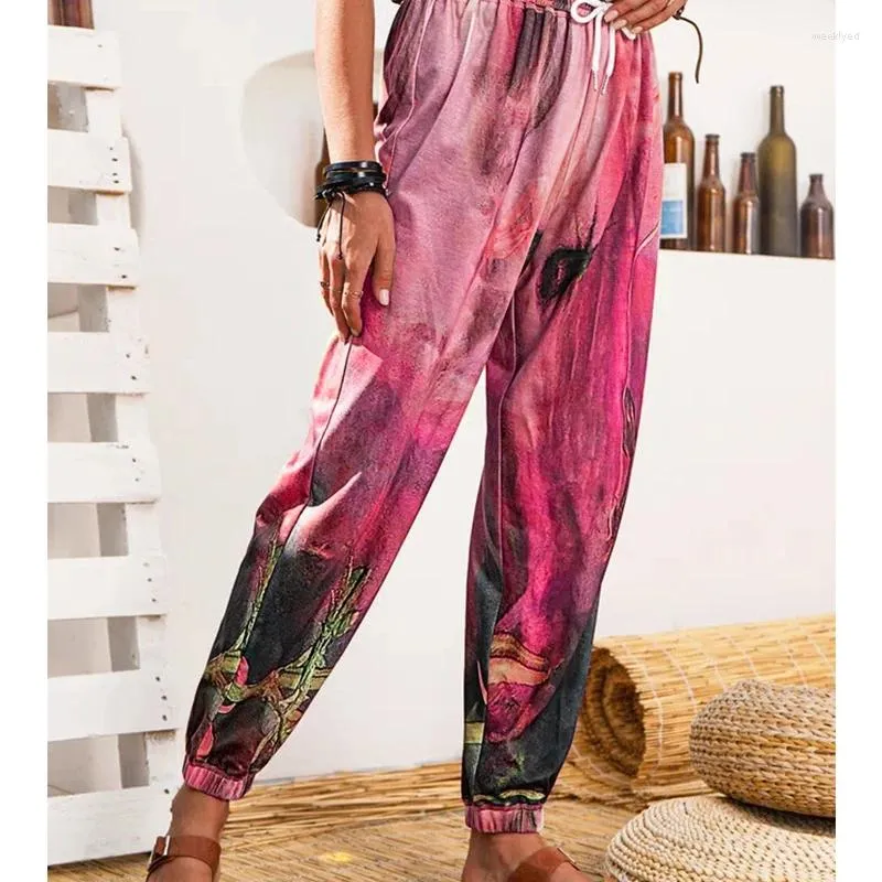 Spodnie damskie wydrukuj wysoki talia kobiety elastyczne harem jogger swobodny luźne letnie luźne spodnie dna moda boho sznurka
