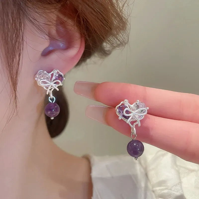 Dingle ljuskrona 2023 Sweet Zircon Purple Crystal Bow Heart Drop Earrings Enkel högkvalitativ Sense Temperament Earrings For Women Girl Jewelry