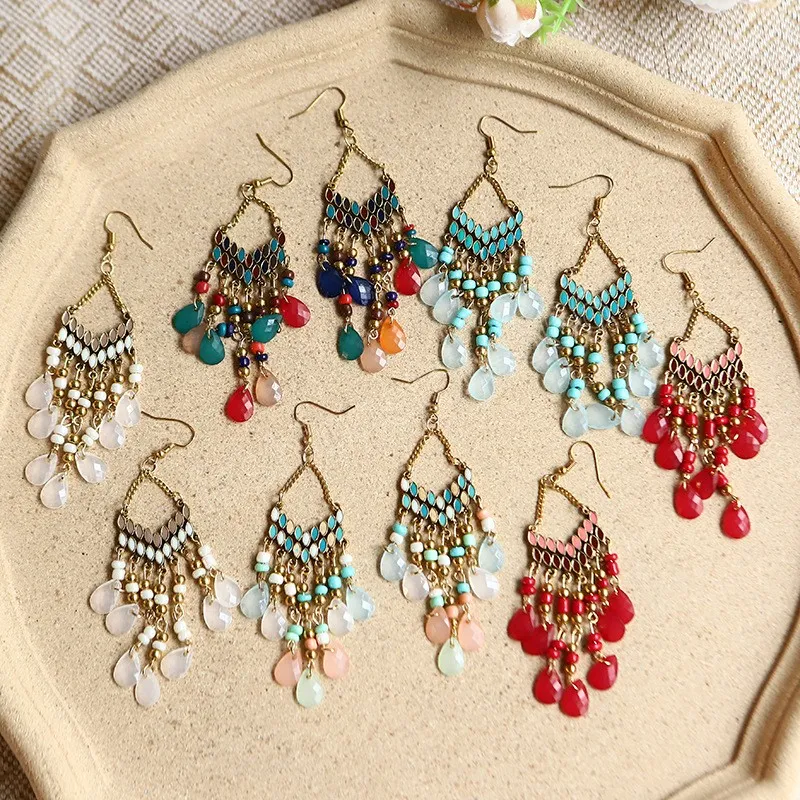 Bohemiska vattendropp Tasselörhängen för kvinnor Färgglada pärlor dinglar etnisk stil örhänge kvinnliga modesmycken
