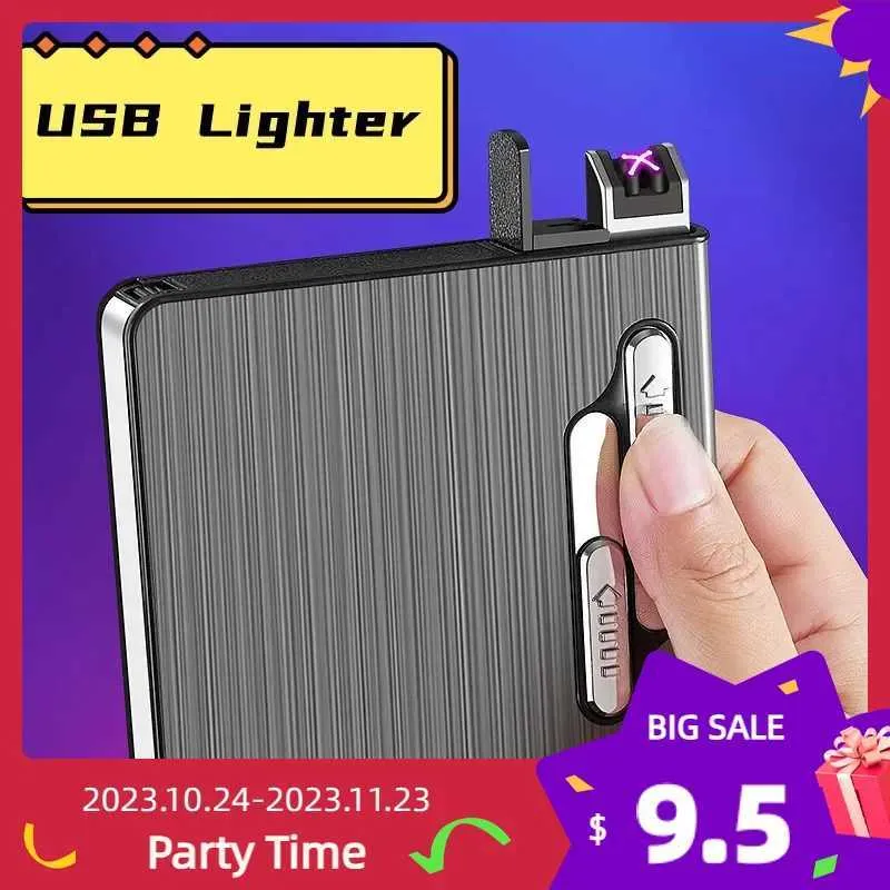 Lighters "New Outdoor Windproof Plasma USB Pulse Flameless Double Arc Lighter Portable Metal Cigarette Box Electric Men's Gift "